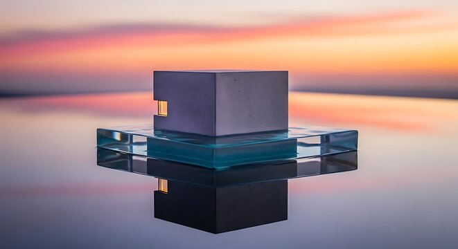 A 3D render of a modern building icon and a cube object on a black background for technology business data