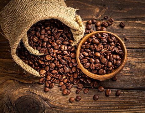 Roasted coffee beans spill from a burlap sack onto a wood table