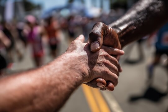 A high-resolution close-up captures a marathon runner and a child exchanging a handshake at the finish line, symbolizing encouragement and unity with a cheering crowd in a dynamic outdoor setting. - Powered by Adobe