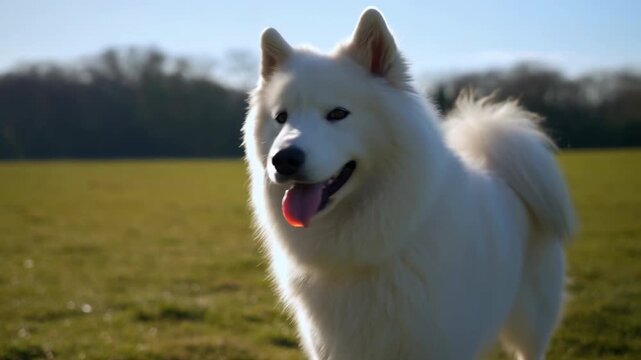 White samoyed dog standing in green sunny park