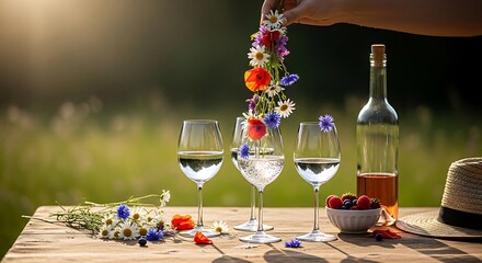 Two luxury champagne glasses on a table for a romantic celebration or wedding toast