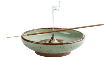 Aromatherapy ritual with incense stick burning in ceramic holder, creating peaceful atmosphere and promoting relaxation and mindfulness at home isolated on white or transparent png.