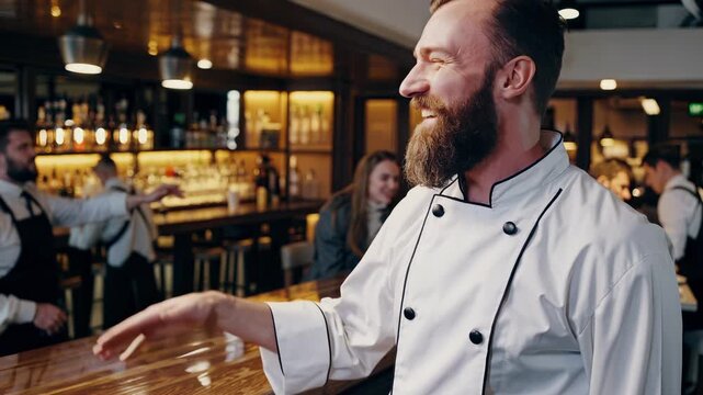 Chef smiles in busy restaurant bar with beard and chef coat while bartender and waiter serve guests at dining counter staff engage in hospitality and smile with service and lively bar atmosphere