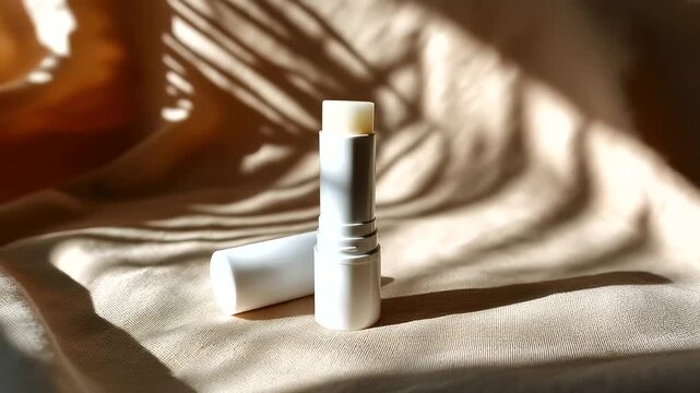 Close-up of a white lip balm tube with cap, standing upright on a soft neutral background, clean minimal packaging, natural soft lighting, under soft natural light highlighting sle