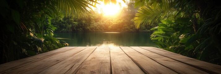 Tranquil tropical lake view with lush greenery at sunset