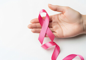 A woman's hand gently holds a pink ribbon, the international symbol for breast cancer awareness, hope, and support for patients on a white background