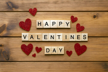 Happy Valentine's Day text made of wooden letter blocks with red glitter hearts on wooden background. Love and holiday greeting concept