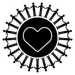 中央のハートを囲むように人々が手をつなぐ、共生と調和をテーマにしたピクトグラムイラスト