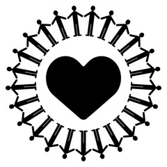 人々が輪になって手を取り合い、中央のハートで愛と平和を表現したシンプルなベクターイラスト