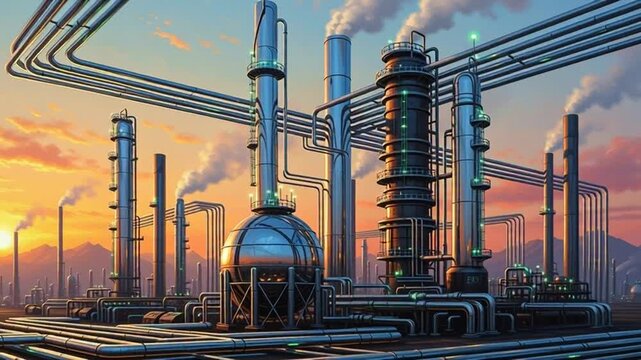 Dynamic industrial landscape with vibrant sunset hues, perfect for energy sector visuals and powerful environmental impact narratives, a modern industrial design