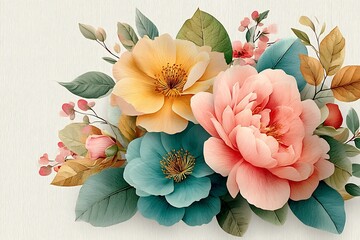 A vibrant close up of a beautiful bouquet of soft pastel colored roses and delicate green foliage arranged artfully on a textured white background