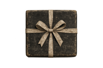 Distressed dark gift box with a textured ribbon and bow, symbolizing an old secret or forgotten treasure. Transparent background