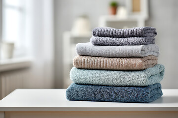 Stack of neatly folded towels in various soft colors on a white table stack of towels bath towels