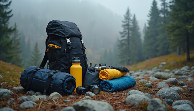 Close up photo shows essential hiking camping gear. Backpacks sleeping bags water bottle cameras lay on the ground. Background features misty forest terrain adventure equipment.
