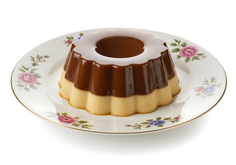 Delicious layered dessert on floral plate isolated white background