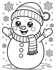 Cute snowman wearing winter hat and striped scarf cheerfully raises his arms among snowflakes, coloring pages, kids , coloring, pages