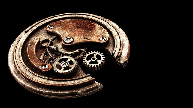 vigor. A hyper-detailed, aged bronze clockwork mechanism with a single gear removed, emitting golden light. product launch decks, UI/UX mockups, designed for product launches and innovation pitches.