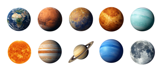 A stunning collection of planets and celestial bodies in our solar system displayed in a grid against a deep black background