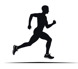 Silhouette icon of a runner in motion, dynamic black and white illustration, isolated on transparent background.