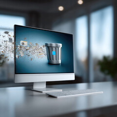 Sleek desktop computer monitor displays digital trash bin icon with flying files, modern workspace, bright and clean