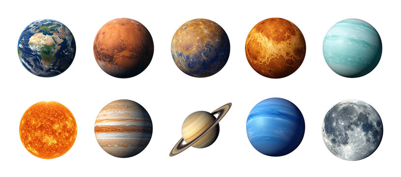 A stunning collection of planets and celestial bodies in our solar system displayed in a grid against a deep black background