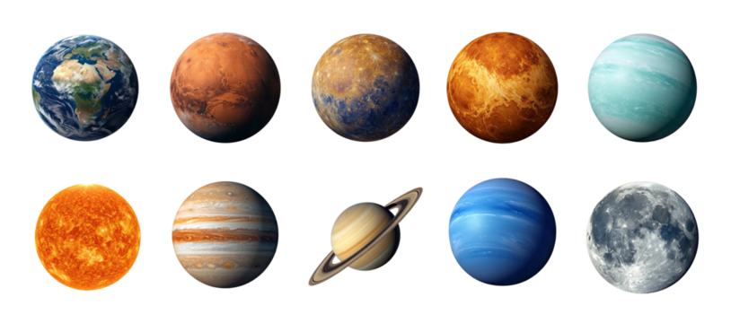 A stunning collection of planets and celestial bodies in our solar system displayed in a grid against a deep black background