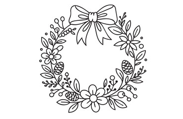 Elegant botanical wreath features a bow, flowers, pinecones, leaves, and berries with transparent background, coloring pages, kids , coloring, pages