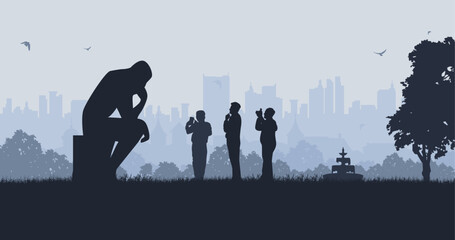 The elderly artist enjoys sculpture with an urban view. Trendy silhouette background design vector.