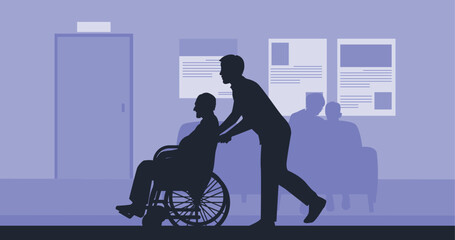 A young man pushes an elderly man in a wheelchair at the hospital. Trendy health silhouette
