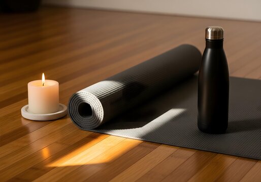 Yoga mat, candle, and natural decor for mindful routine.