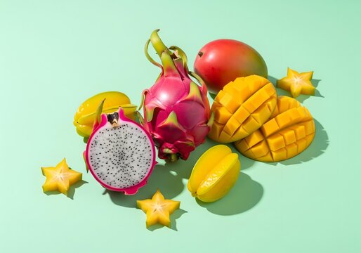 Fresh fruits arranged in a contemporary artistic style.