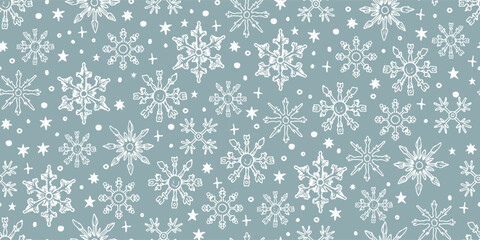Snowflake Seamless Pattern. Christmas Background Hand Drawn Style. Holiday Design for Wrapping Paper, Gift, Textile, Fabric. Snowflakes Vector Aesthetic Print Design.
