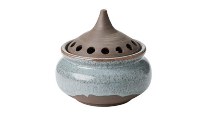 Meditative ceramic incense burner for aromatherapy and relaxation, a tranquil zen moment for home decor and spiritual practices to enhance mindfulness isolated on white or transparent png.