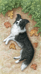 Obraz premium Experience the Joy of Autumn with a Playful Border Collie Surrounded by Leaves: A Captivating Portrait of Natural Companionship and Outdoor Bliss