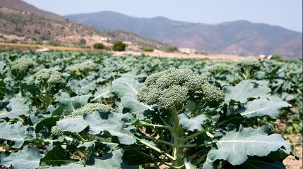 Fototapeta premium calabrese. Agricultural field of mature Calabrese broccoli with dense green florets under sunlight. public awareness campaigns.