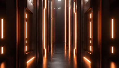 Futuristic corridor of vertical orange light bars – dark tunnel spectrum lines abstract background