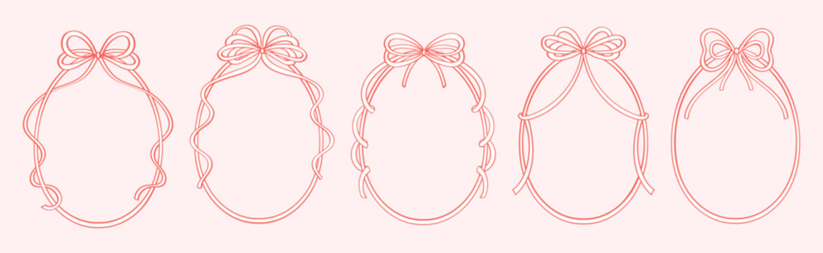 Set of pink oval frames with bows and ribbons. Decorative borders for invitations, cards. Pretty frames with bows and space for text