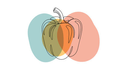 Minimalist single line drawing of a bell pepper with abstract watercolor blobs in the background.