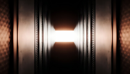 Futuristic corridor of vertical orange light bars – dark tunnel spectrum lines abstract background