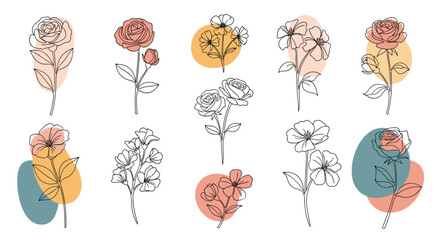 Minimalist floral line art illustrations with colorful abstract shapes on white background.