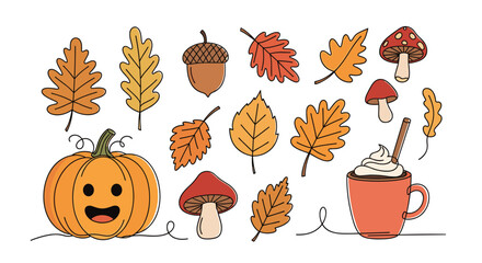 Adorable autumn collection featuring a happy pumpkin, colorful fall leaves, mushrooms, and a cozy beverage.