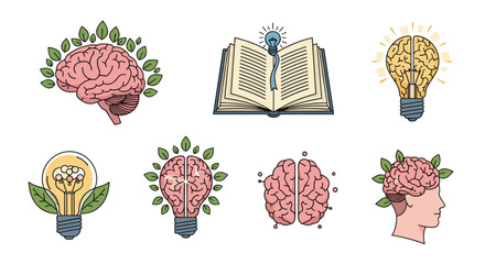 Collection of brain and light bulb icons representing ideas, knowledge, and intelligence.