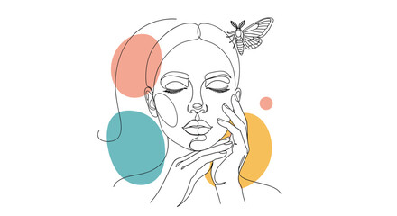 Elegant Line Art Portrait of a Woman with Butterfly and Colorful Geometric Shapes.