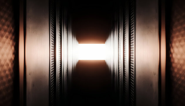 Futuristic corridor of vertical orange light bars – dark tunnel spectrum lines abstract background - Powered by Adobe