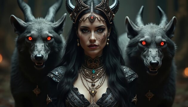 Dark goddess Hecate with two demonic dogs in a magic forest. Powerful sorceress queen wears a horned crown and occult jewelry. Fantasy female with wolf companions for a wicca ritual.