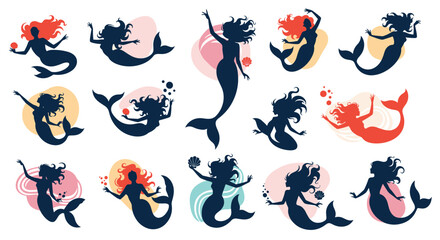 A collection of graceful mermaid silhouettes in various poses, adorned with vibrant hair and mystical underwater elements, perfect for fantasy themes.