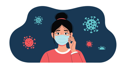 Woman wearing mask looking concerned with virus floating around her as a coronavirus concept illustration.