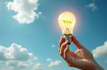 Hand holds glowing lightbulb with plant sprout inside against blue sky with clouds. Symbol of eco energy innovation and green future growth. Idea for sustainable power.