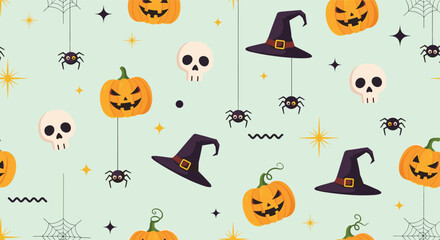 Cute Halloween seamless pattern featuring pumpkins, skulls, spiders, and witch hats on a light-green background for a festive design.