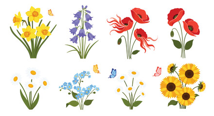 Collection of colorful spring flowers featuring daffodils, bluebells, poppies, daisies, forget-me-nots, and sunflowers, with delicate butterflies.